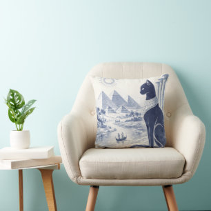 Coussin Chat Bastet égyptien antique et Pyramides Bleu