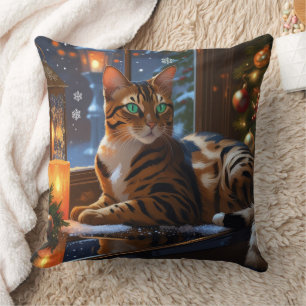 Coussin Chat Bengal avec lumières de Noël pour les fêtes