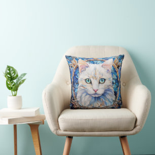Coussin Chat Blanc aux Yeux Bleus de Style Vitrail