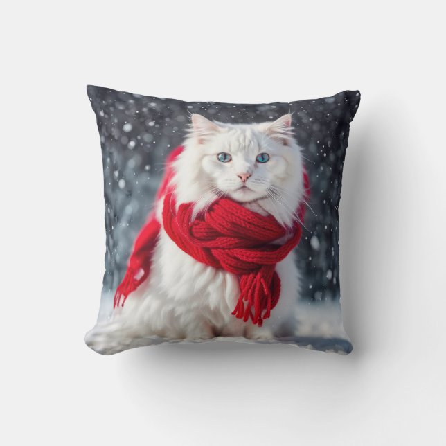 Coussin Chat blanc avec Écharpe rouge d'hiver (Recto)