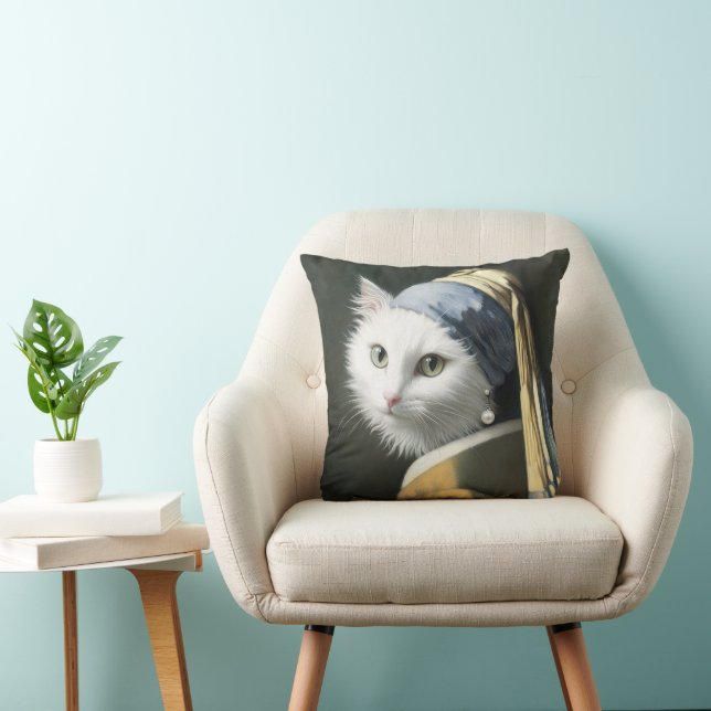 Coussin Chat blanc avec une perle à oreille peinture (Chaise)