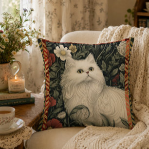 Coussin Chat blanc Cottagecore de style William Morris