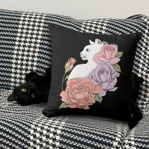 Coussin Chat Blanc Pastel Floral Noir Botanique Romantique