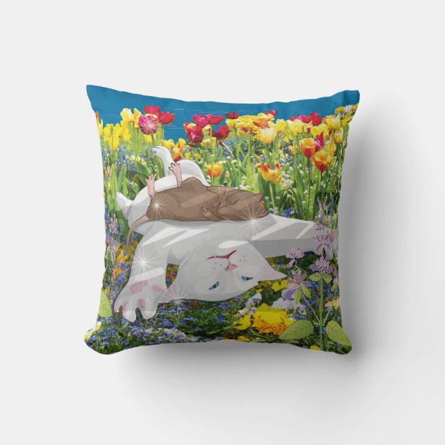 Coussin Chat Blanc & Son Ami Rat (Recto)