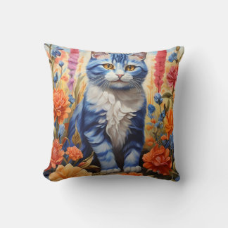 Coussin Chat bleu dans un jardin fleuri