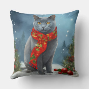 Coussin Chat Bleu Russe à Noël sous la neige