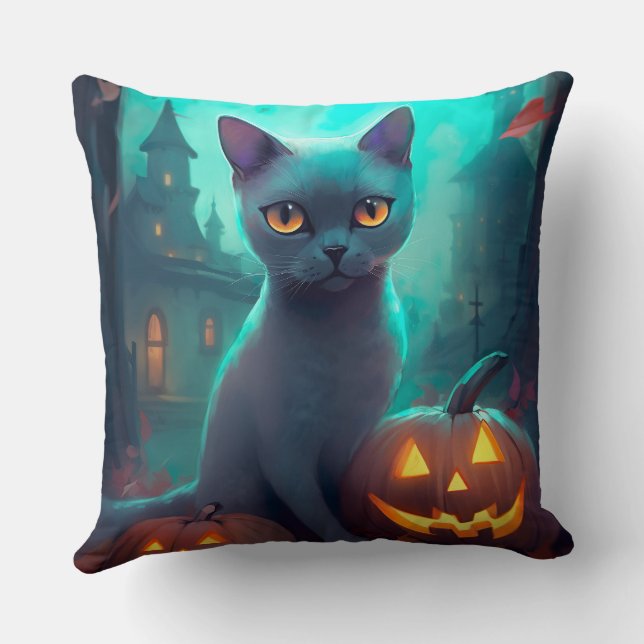 Coussin Chat bleu russe d'Halloween avec la peur Citrouill (Verso)