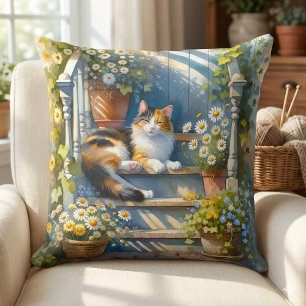 Coussin Chat calicot sur la véranda florale Cottagecore