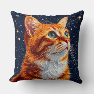 Coussin Chat contemplant un ciel cosmique étoilé