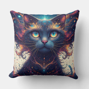 Coussin Chat Cosmique Vibrant aux Yeux Brûlants