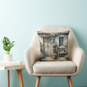 Coussin Chat-Cottage Sur Banc En Bois