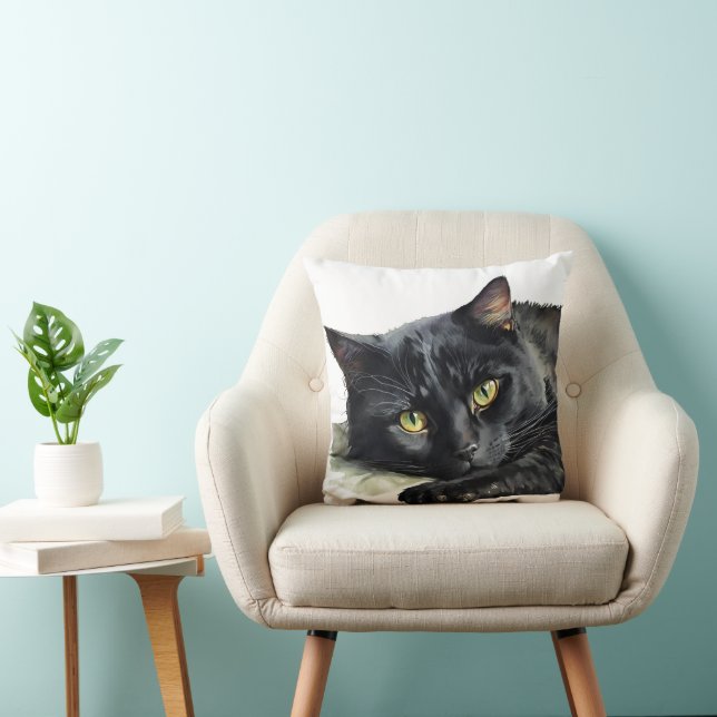 Coussin Chat d'aquarelle noire en blanc (Chaise)