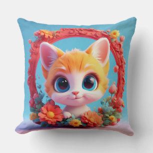 Coussin Chat de dessin animé adorable entouré de fleurs co