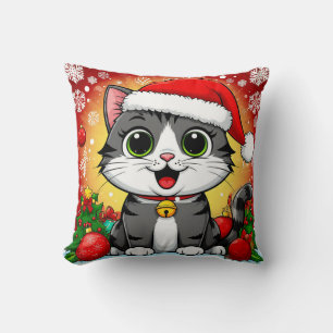 Coussin Chat de dessin animé en chapeau de Père Noël avec 