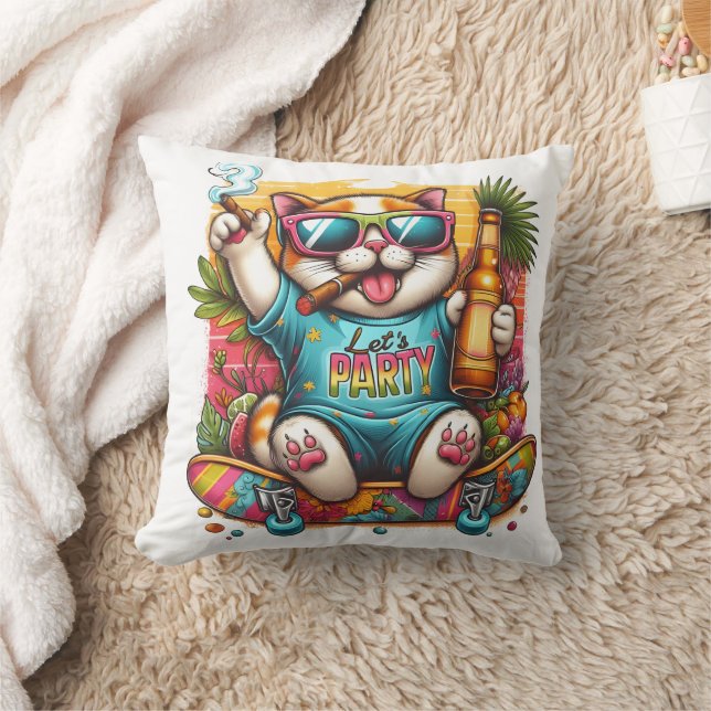 Coussin Chat de fête sur un skateboard à l'ambiance tropic (Couverture)