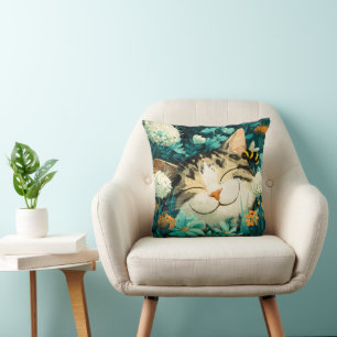 Coussin Chat de jardin fleuri à l'aquarelle avec abeille e
