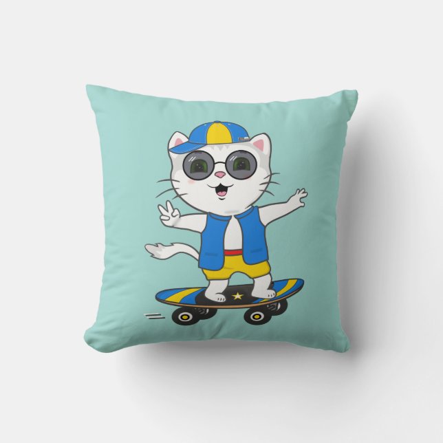 Coussin Chat de patinage amusant habillé en T-shirt bleu e (Recto)
