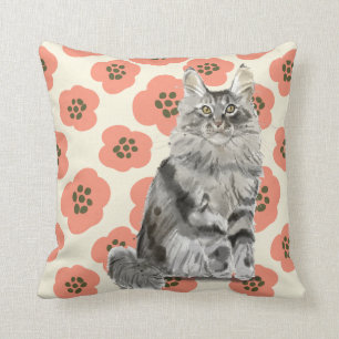Coussin Chat de ragondin gris floral rose du Maine