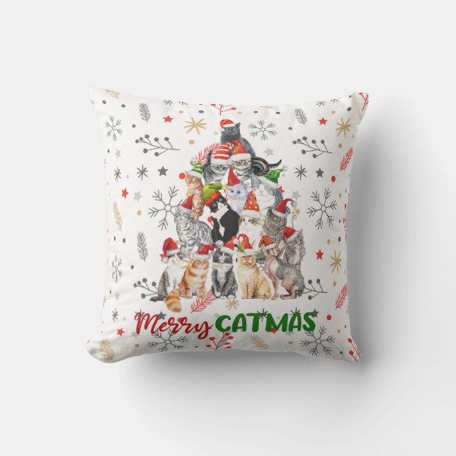 Coussin Chat de vacances et Kitten Arbre de Noël rouge (Recto)