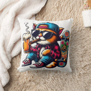 Coussin Chat dégustant un verre en faisant du skateboard