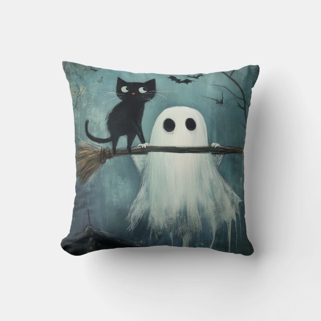 Coussin Chat d'Halloween et fantôme volent dans la chambre (Recto)