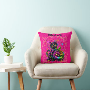 Coussin Chat et citrouille néon Halloween léopard pour fêt