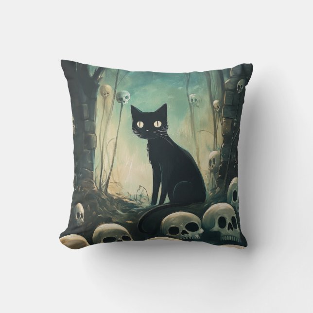Coussin Chat et crâne d'Halloween (Recto)