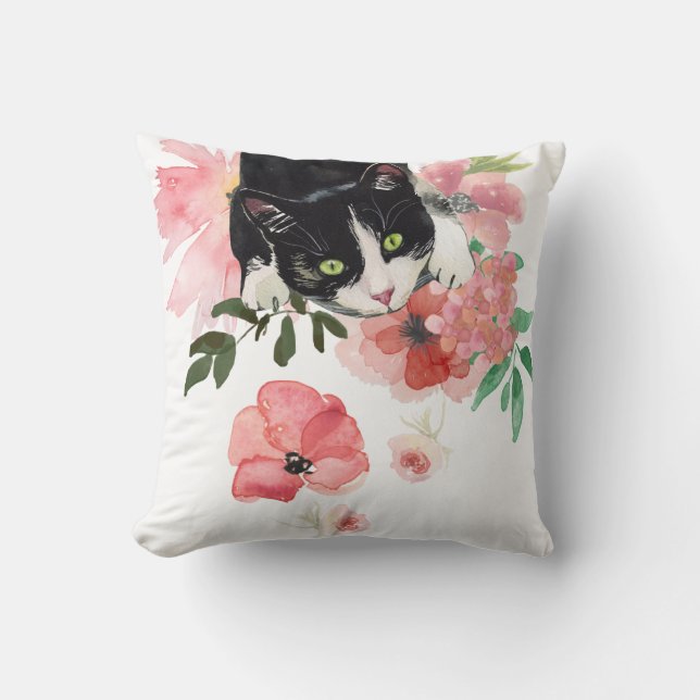 Coussin Chat et fleurs, carreau 16" x 16" (Recto)