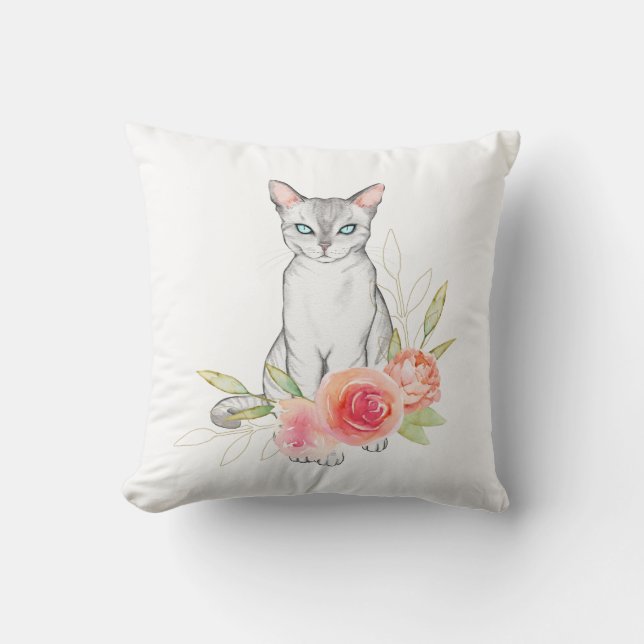 Coussin Chat et fleurs élégantes (Recto)