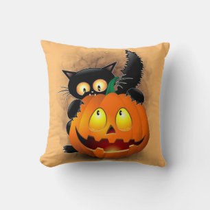 Coussin Chat Fun Halloween Caractère mordant un Citrouille
