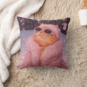 Coussin Chat Glam Money en manteau de fourrure rose et lun