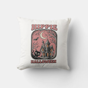 Coussin Chat Halloween Hippie Maison Hantée Design Vintage