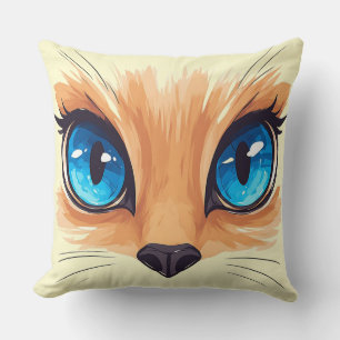 Coussin Chat Kawaii Gros Yeux Bleus Illustra D'Animal Mign