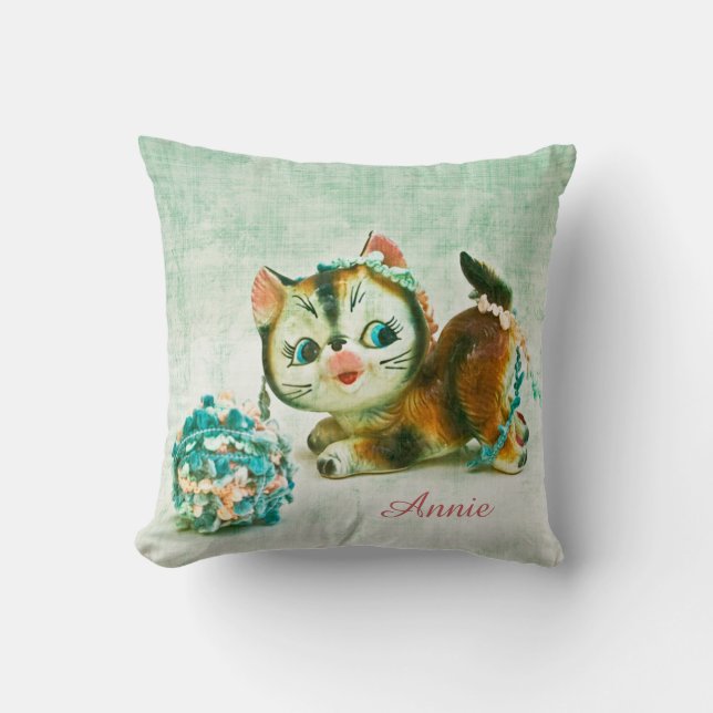 Coussin Chat Kitty vintage - Nom personnalisé (Recto)
