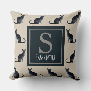 Coussin Chat Lady Taupe Aquarelle Noir Kitty Motif
