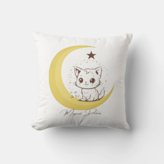 Coussin Chat Magique Mignon sur Rêves Étoilés de Lune - Ro