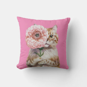 Coussin Chat mignon avec grande fleur Chat à gingembre ad