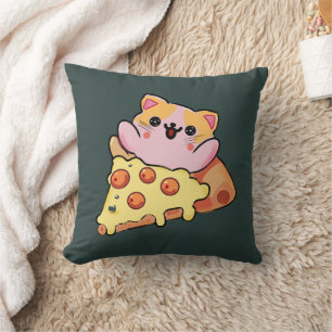 Coussin Chat Mignon Kawaii Enlaçant une Pizza au Pepperoni