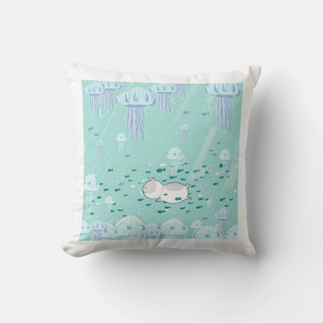 Coussin chat nager avec poissons et méduses (Recto)