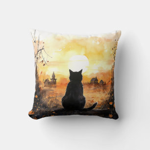 Coussin Chat noir à la mise en place soleil automne Hallow
