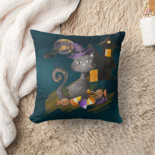 Coussin Chat noir à l'aquarelle avec des bonbons, Hallowee