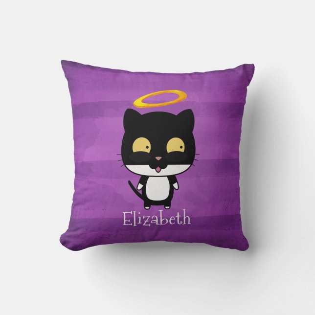 Coussin Chat Noir Avec Halo Doré Cute Angel Personnalisé (Recto)