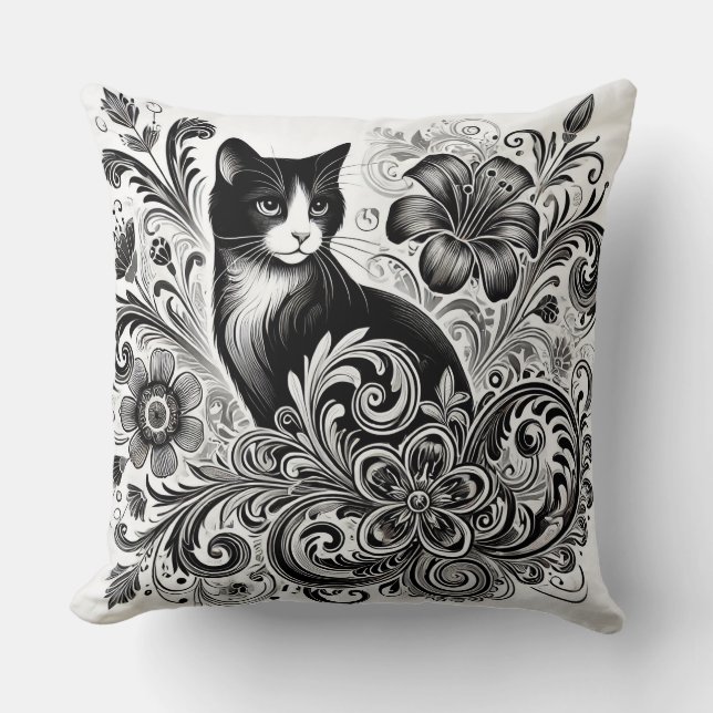 Coussin Chat noir avec motifs floraux dans l'art monochrom (Recto)