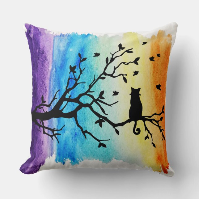 Coussin Chat noir dans l'arbre Silhouette arc-en-ciel Aqua (Recto)