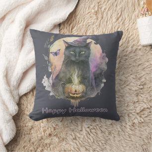 Coussin Chat noir dans un chapeau de sorcière gris céleste