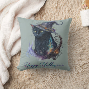 Coussin Chat noir dans un chapeau de sorcière Vert Joyeux