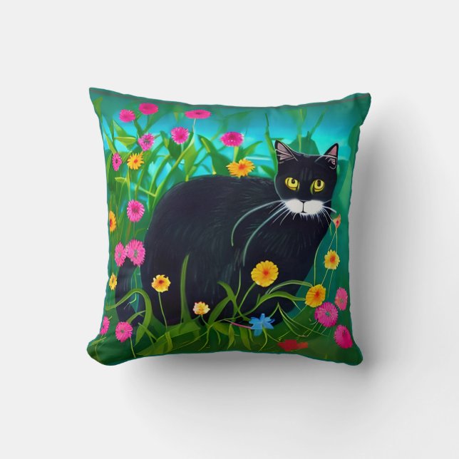 Coussin Chat noir dans un jardin fleuri coloré (Recto)