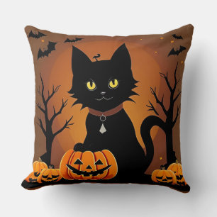 Coussin Chat noir d'Halloween entouré de citrouilles-lante