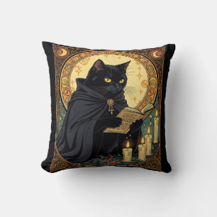Coussin Chat noir d'Halloween lisant un livre