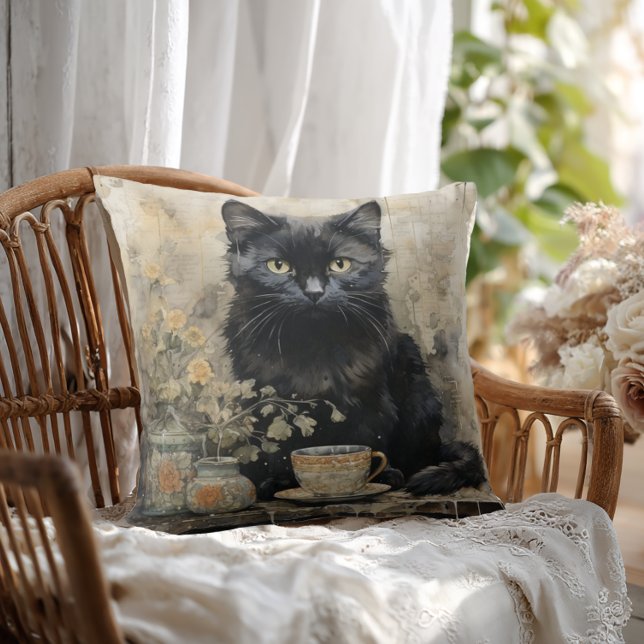 Coussin Chat Noir Élégant (Shabby Chic Black Cat Throw Pillow)